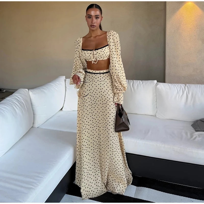 Elegant Female 2 Piece Skirt Set Polka Dots Printed Suit Cropped Short Sleeves Square Neck Top Slit High Waist Skirt Vintage Set
