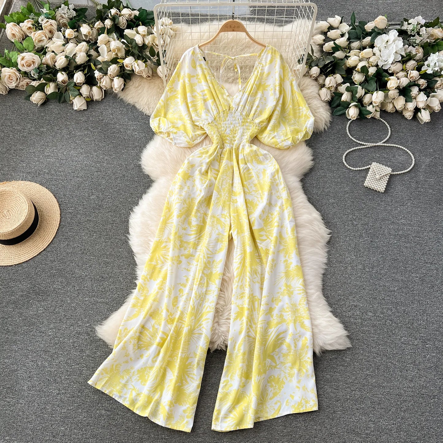 V Neck Sexy Dolman Sleeves Waist Slim Floral Print Jumpsuit Women Wide Leg Trousers Jumpsuit