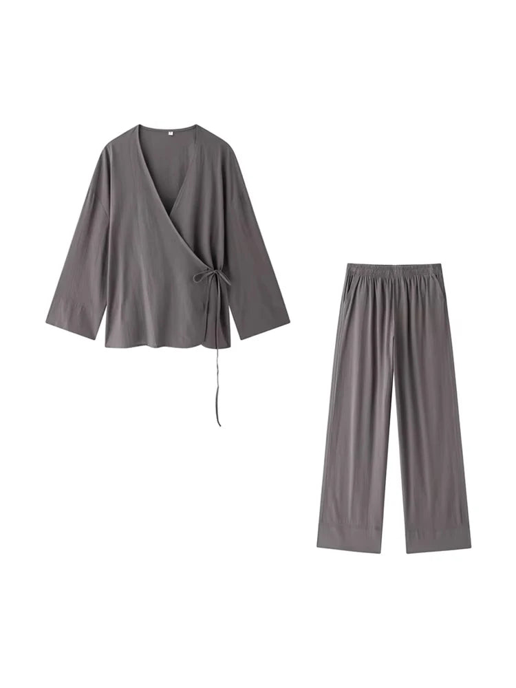Women Fashion With Tied Loose Kimono Blouses And High Elastic Waist Side Pockets Pants Female Two Piece Sets Mujer BAZAARHUBO