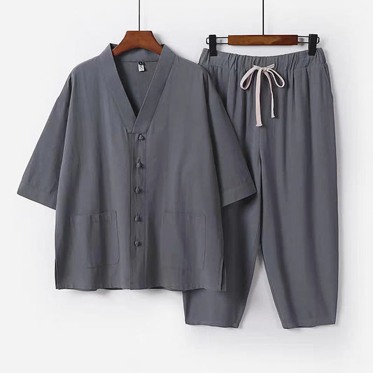 Men's Linen V-Neck Short Sleeve Shirt & Pants Set, Casual Loose Breathable 2-Piece Outfit for Summer