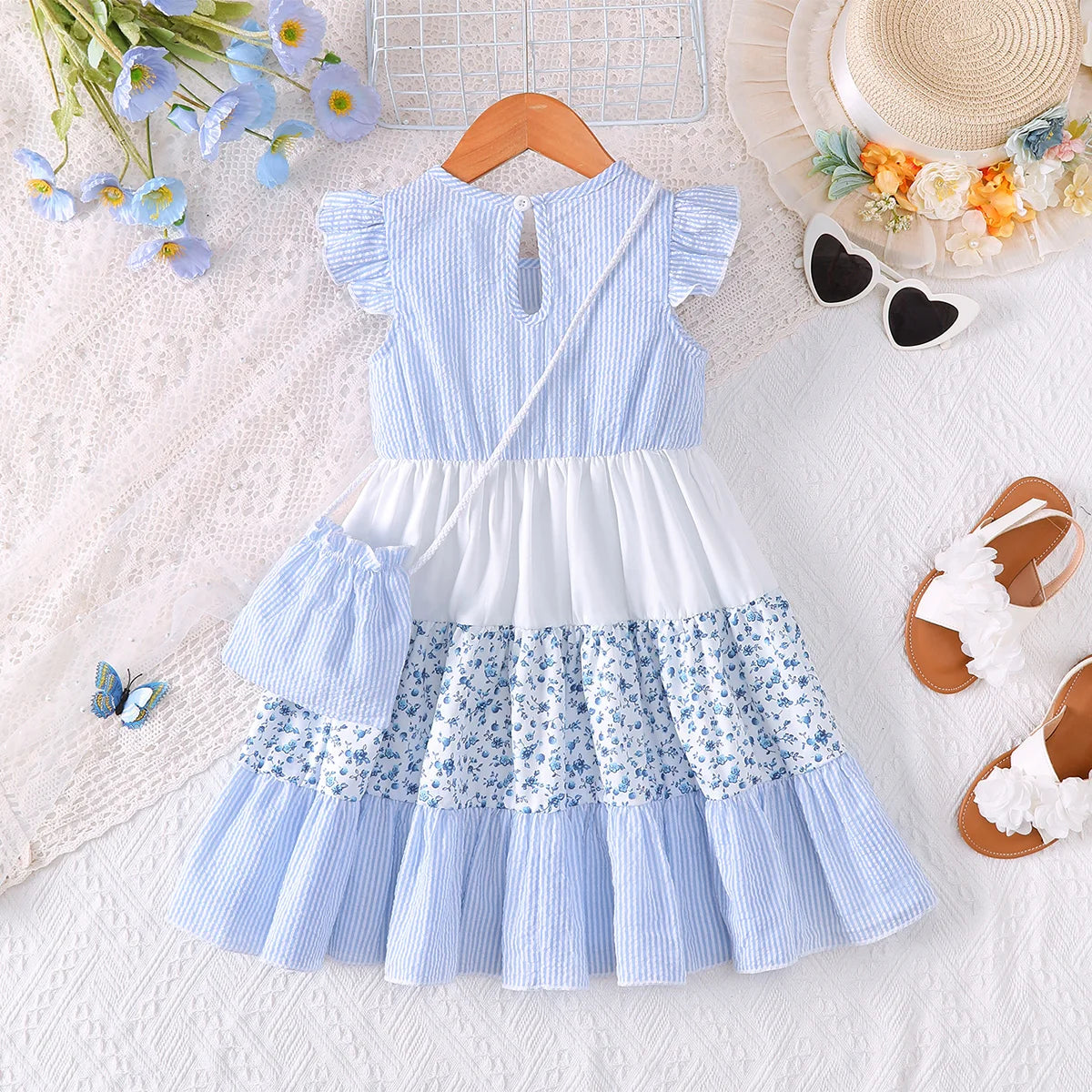 Fashion kids girl Summer Dress Set +Bag Blue White Floral Layered Ruffle Sleeveless Sundress for 2-7Y Casual Children Clothes