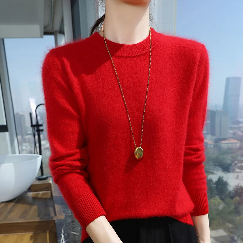 Autumn and winter women's semi high neck pullover sweater solid color knitted slim fit women's 100 mink cashmere sweater new sty