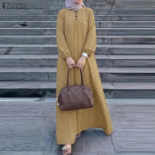 ZANZEA Women Modest Maxi Dress Hijabis Dots Print O-Neck Long Sleeve Loose Abaya Robes Muslim Islamic Ramadan Eid Kaftan