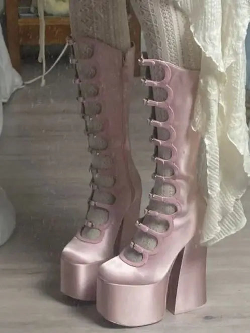 Patent Leather Belt Buckle Sexy Boots Platform Party Zip Summer Fashion Women Lolita Boot Hollow Street Punk Thick High Heels