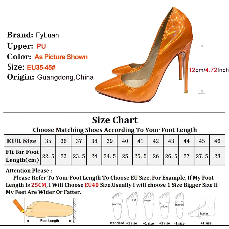Orange Mirror High Heels 8CM 10CM 12CM Fashion Glossy  Holographic Women Shoes For Nightclub Club Party Size 45 Thin Heel Pumps