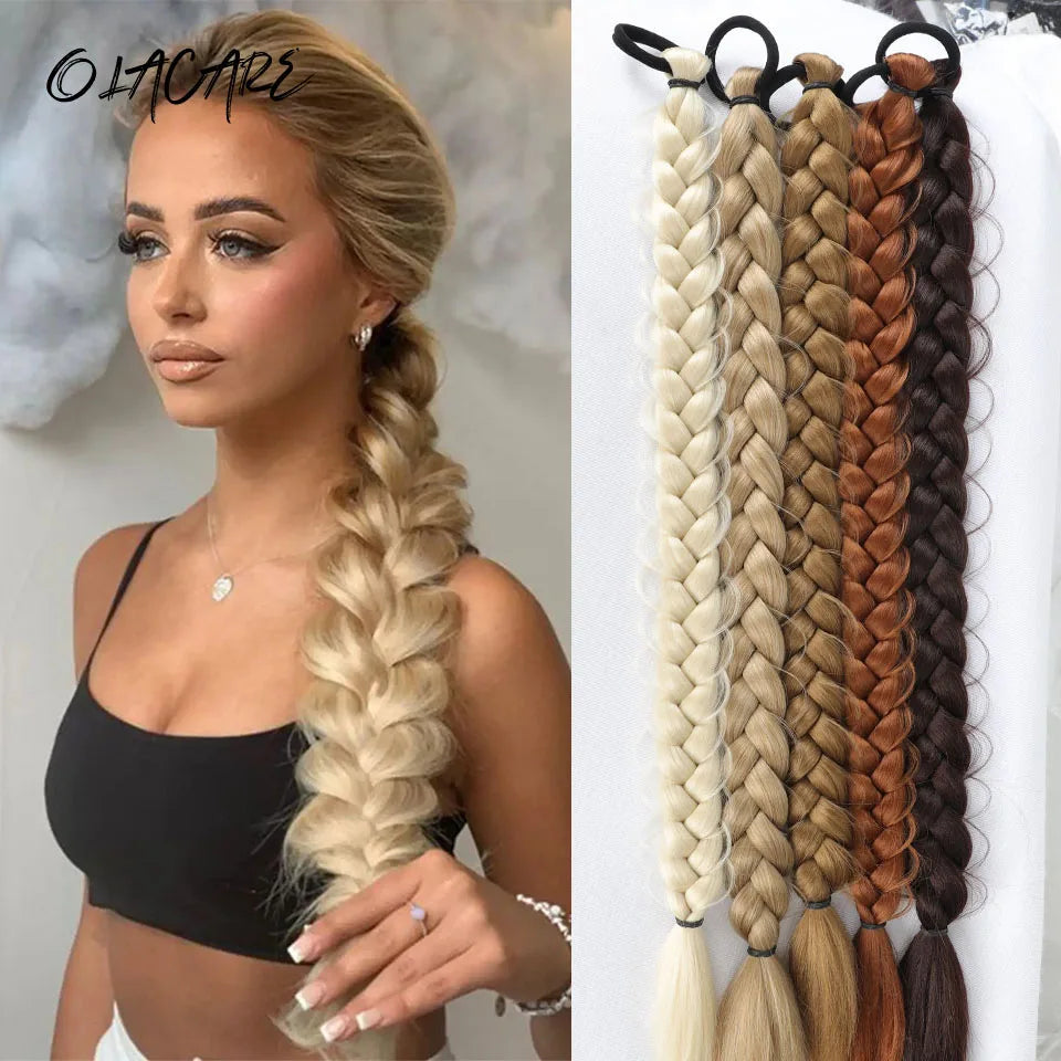 Synthetic Braided Ponytail Hair Extension With Rubber Band Boxing Braids For Women Hair Accessories 24Inch Long Black Braids