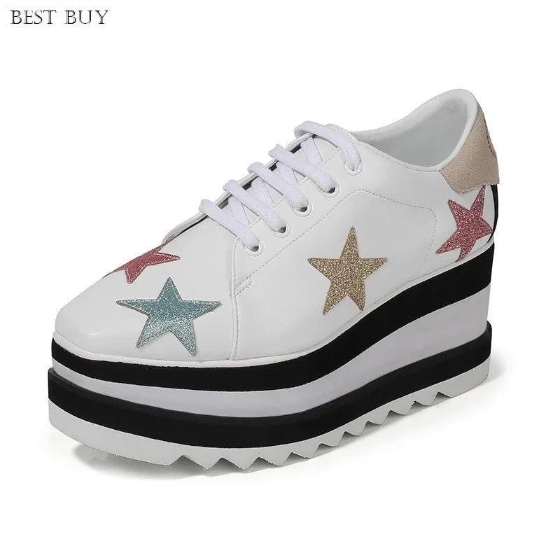 New beige Women Platform Casual Shoes 2024 Spring Black Casual Chunky Sneakers Women Real Leather White Height Increasing Shoes