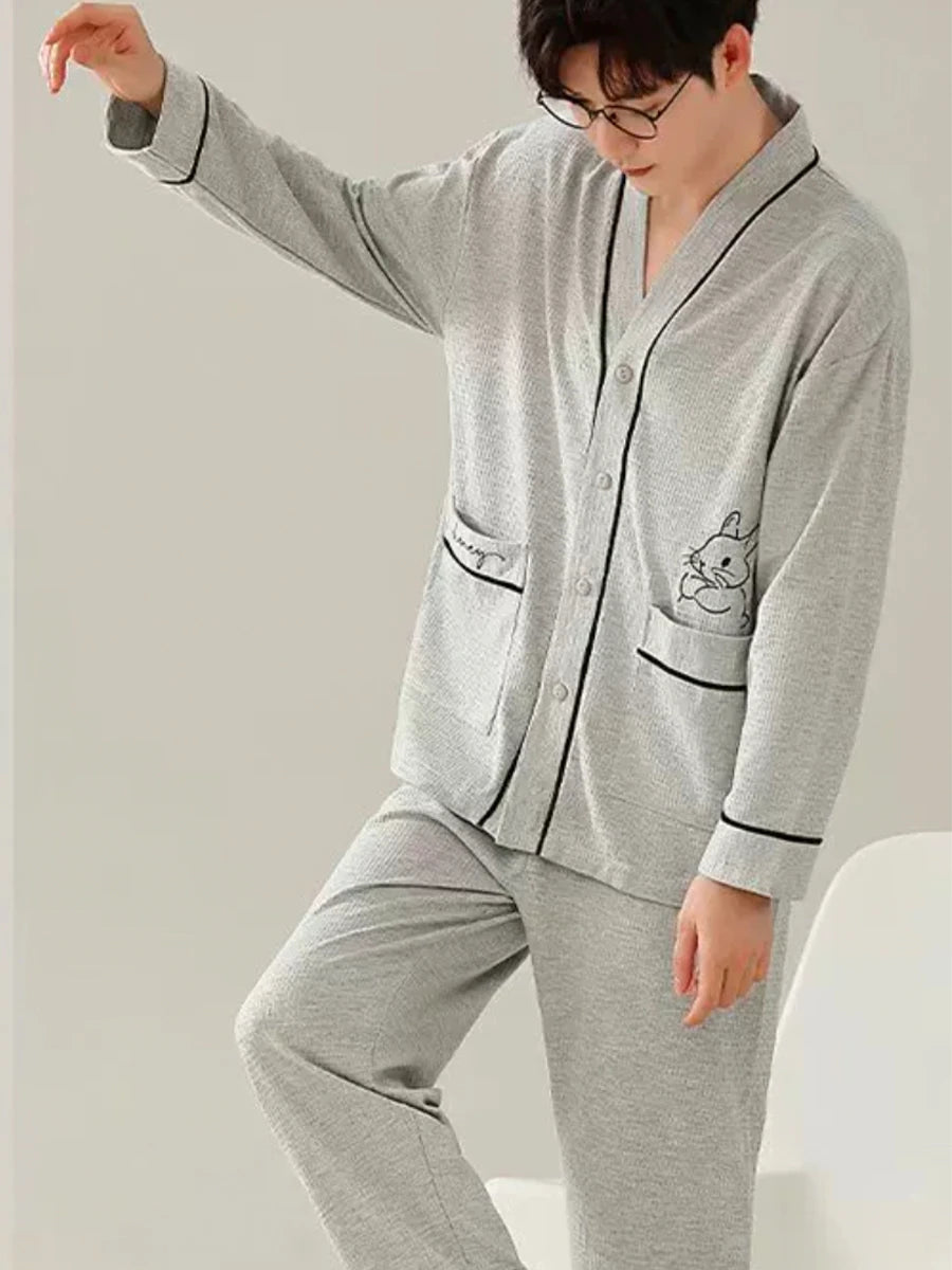 Pajamas for Men Spring and Autumn Long-Sleeved Young Men's Simple Casual Lapel Autumn and Winter Home Wear Set