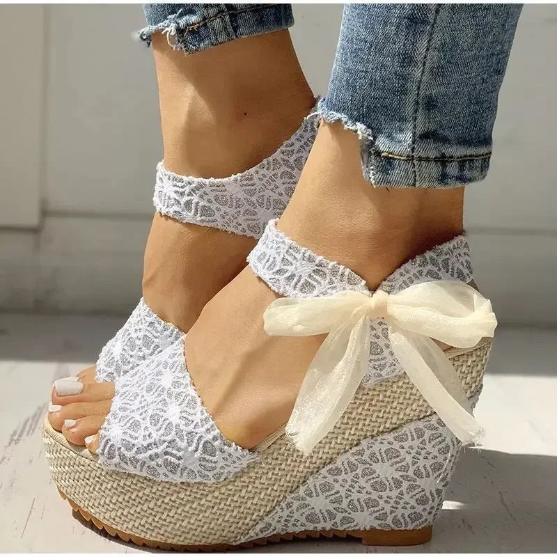 Summer New Fashion Slope Heel Fish Mouth Women's Sandals Party Lace Lace Strap Waterproof Platform Thick soled High Heels