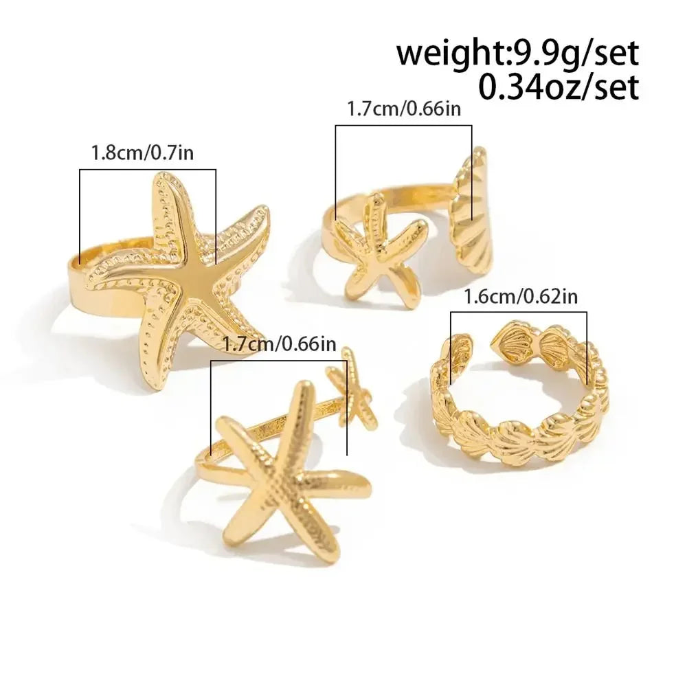 Starfish Scallop Adjustable Open Rings Gold Geometric Design Rings for Women Vacation Style Irregular Beach Jewelry Accessories