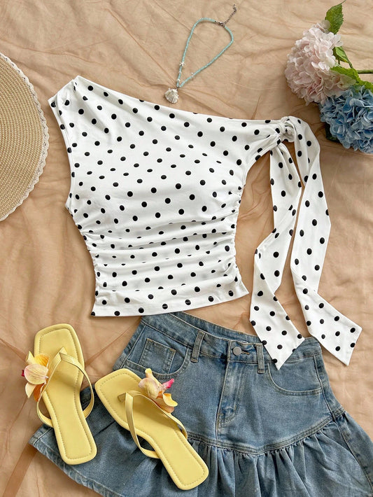 Women's Polka Dot Short Top, Women's Y2K Polka Dot Printed Pleated Asymmetrical Shoulder Top