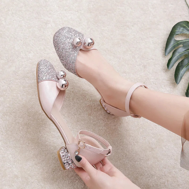 Princess Kids Leather Shoes Girls Sandal Sweet Pearl Casual Glitter Children High Heels Girls Party Dance Shoes Pink Gold Silver