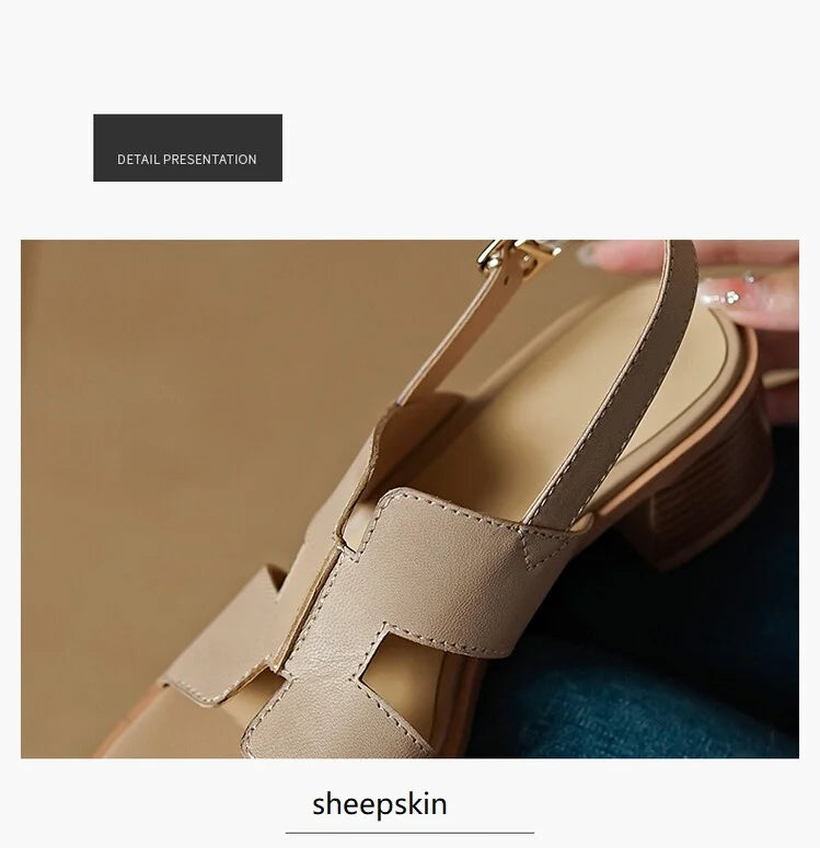 2025 Summer Women Shoes Square Toe Chunky Heel Women Sandals High Heels Ladies Shoes Casual Leather Shoes Women Genuine Leather