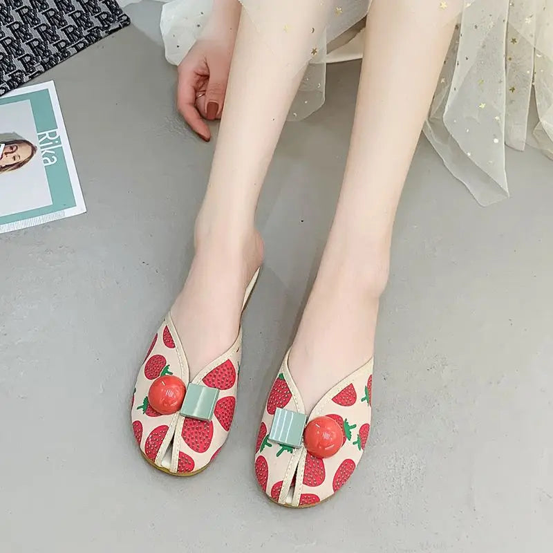 Slides Kawaii Shoes Round Toe Cute Women's Slippers and Ladies Sandals Mules Summer 2025 Flat Outside Comfortable Elegan Y 39 W