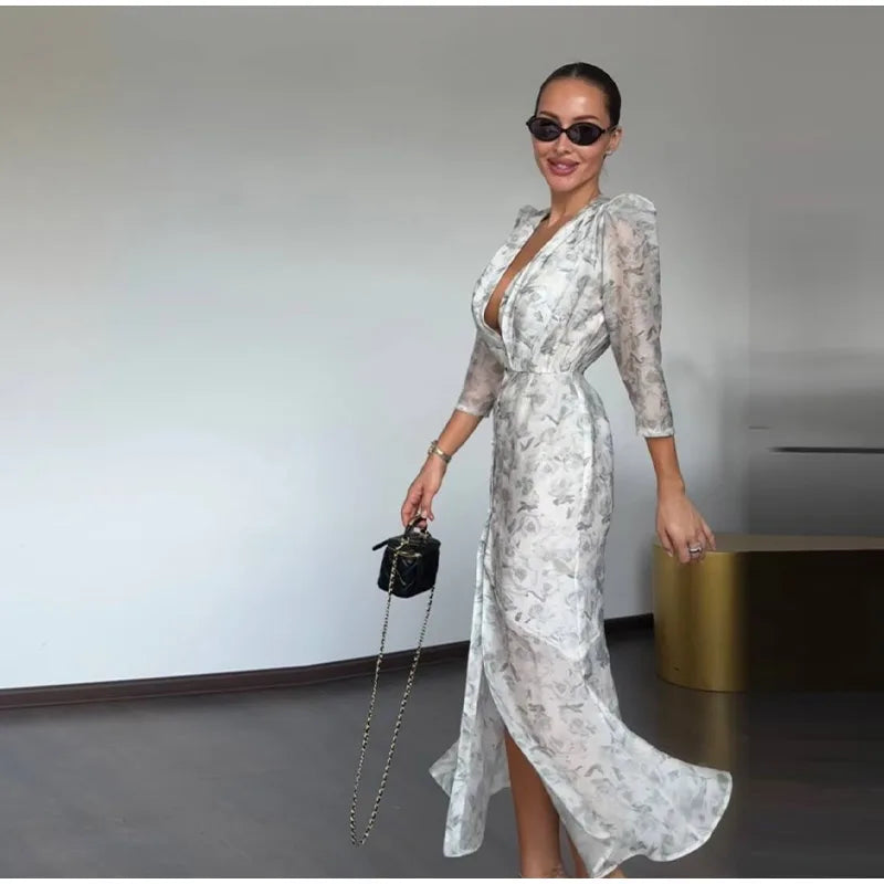 Lace Trim Satin Peplum Midi Dress Deep V-Neck Puff Sleeve A-Line 2026 Spring Summer Chic Elegant Romantic Women Cocktail Dress