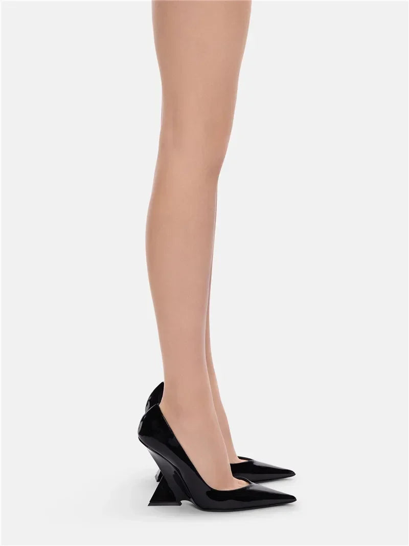 Summer 2024 New High Heels Thick Sole Thick Heel Lacquer Leather Shallow Mouth Pointed Fashion Sexy Women's Oversized Shoes