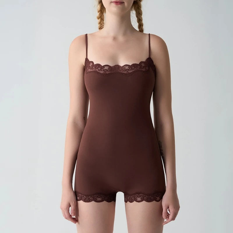 Square Neck Spaghetti Strap Bodysuits Lace Trim Women Sleeveless Slimming Bodycon Jumpsuit Romper