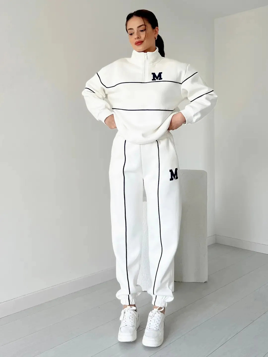 Autumn Winter New Fashion Letter Print Sweatshirt Set Casual Zipper Half Open Collar Long-sleeve Top + Sweatpants Two-piece Suit BAZAARHUBO