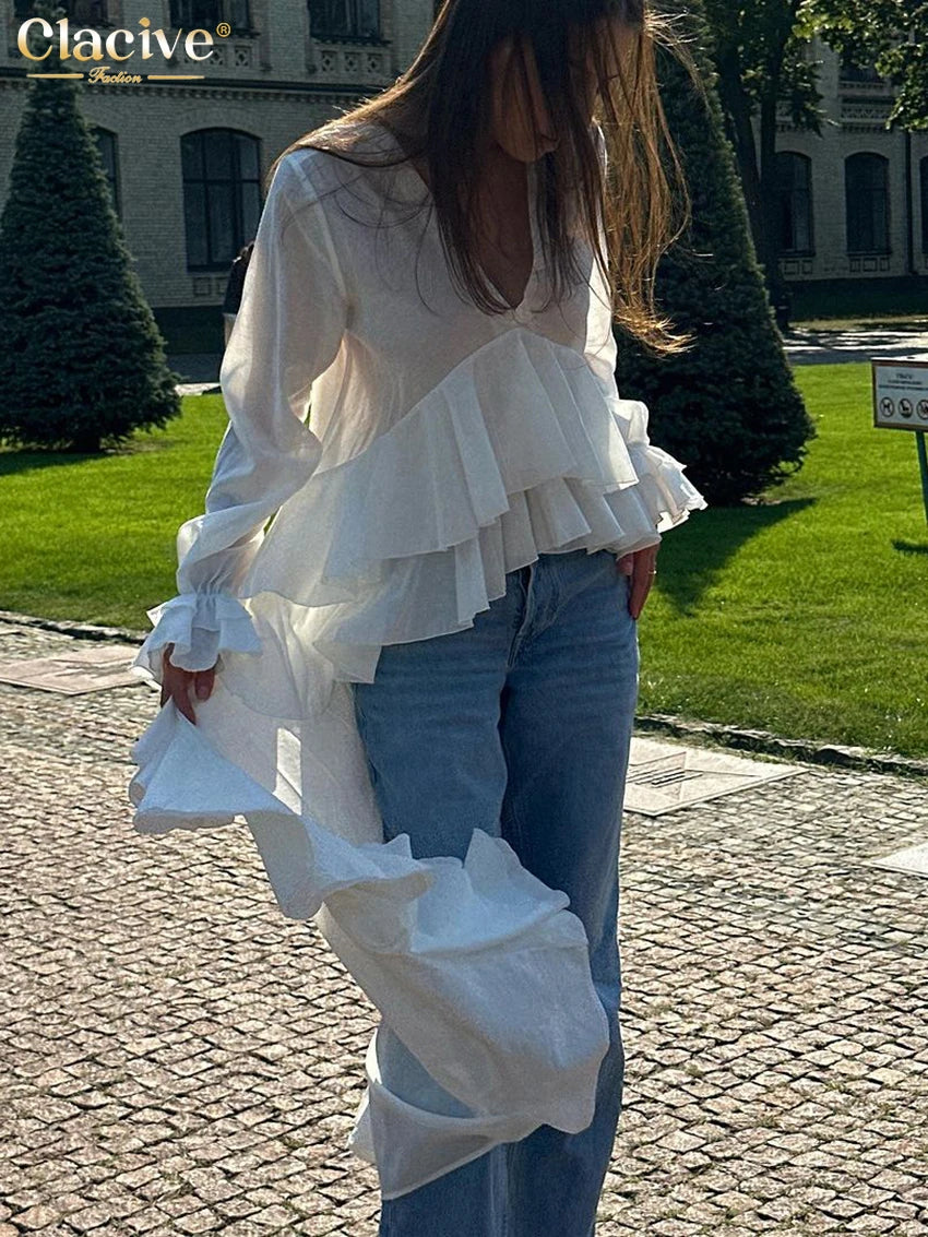 Clacive Sexy Loose White Women's Shirt 2025 Fashion V-Neck Long Sleeve Shirts Elegant Ruffle Irregular Top Female Clothing