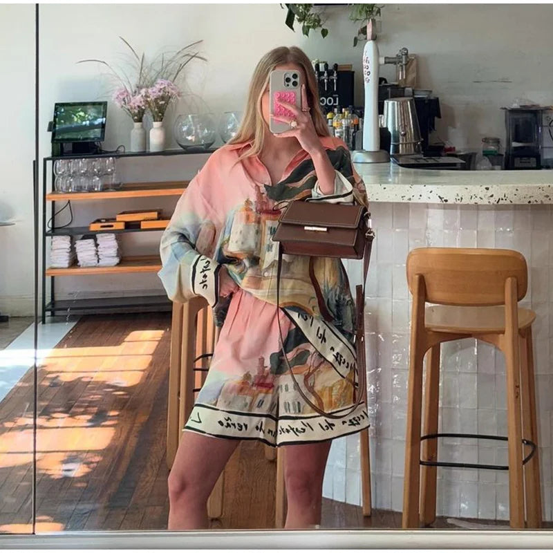 Floral Print Women Two Piece Set With Turn Down Collar Summer Casual Suit