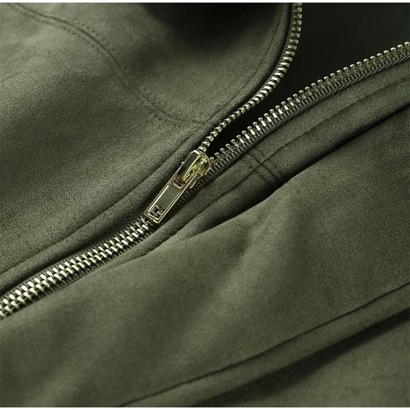Fashion Suede Green Jackets Coat Women Lapel Full Sleeve Zipper Bomber Coats 2026 Spring New Loose Lady Street Solid Outwears