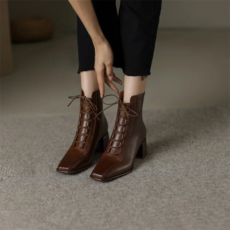 2026 Fashion Women Shoes Split Leather Short Boots Square Toe Chunky Boots Winter Shoes Women Solid High Heel Boots for Women