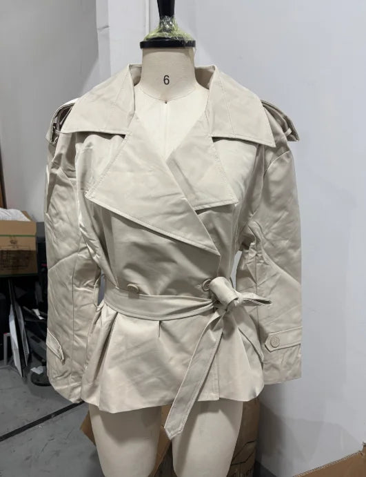 Lace Up Cropped Trench Coat Fashion Women Lapel Long Sleeves Wide Shoulder Windbreaker Jacket Lady 2026 Spring Commuting Outwear