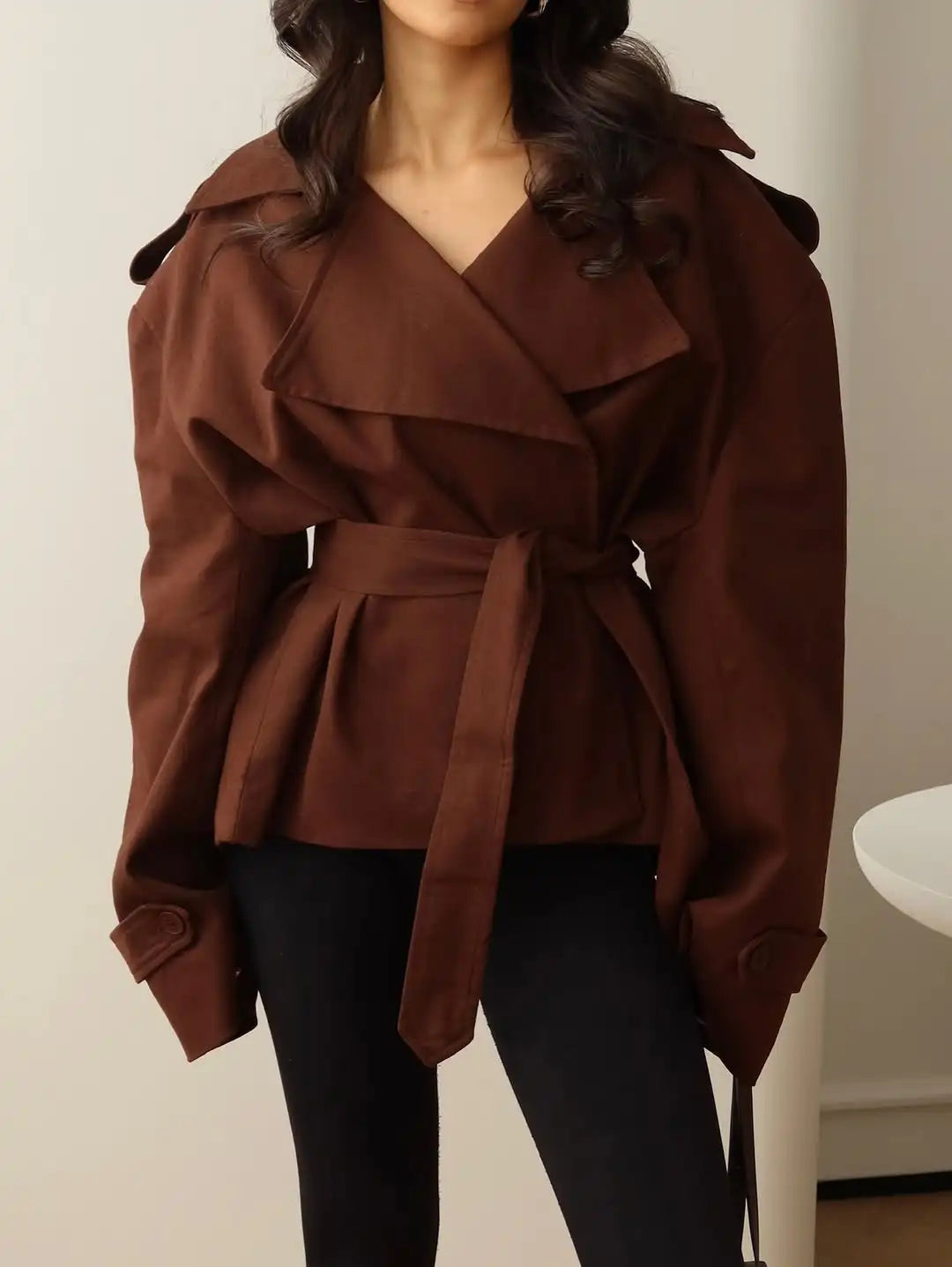 Lace Up Cropped Trench Coat Fashion Women Lapel Long Sleeves Wide Shoulder Windbreaker Jacket Lady 2026 Spring Commuting Outwear