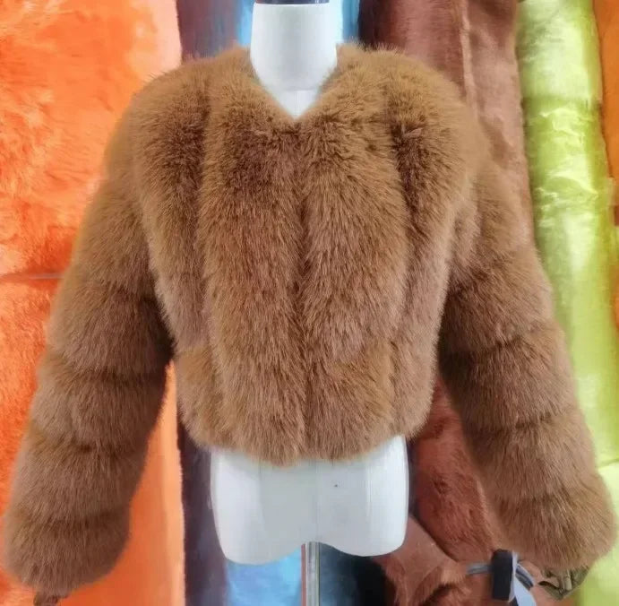 Faux Fox Fur Coat V-Neck Winter Woman Long Sleeve Warm Winter Coat Women Fashion Luxury New Fur Jacket Teddy Chic Outwear 2024