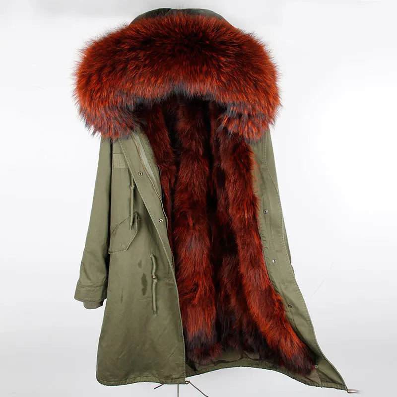 Maomaokong Winter Woman Natural Fur Overcoat Plus Size Black Parkas Raccoon Real Fur Lining Extra Larg Warm Jacket Coats Long