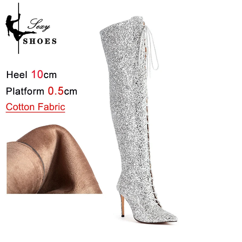 10CM Night Club Over The Knee Boots Sequins Thin High Heels Fashion Lady Pointed Long Boots Autumn Winter Party Shoes For Women