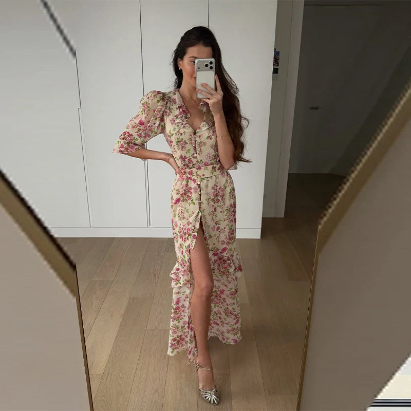 Sexy Printed Flower Long Women's Dress Sleeveless Waist-Closed Slash Neck Lady Dresses Summer Sling Vacation Holiday Robe