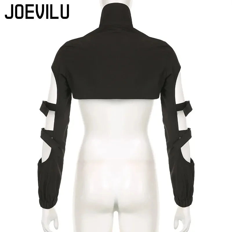 JOEVILU Women's Cyberpunk Goth Harajuku Crop Tops Long Sleeve Hollow Out Zipper T Shirt Y2K Grunge Streetwear Jacket for Dancing
