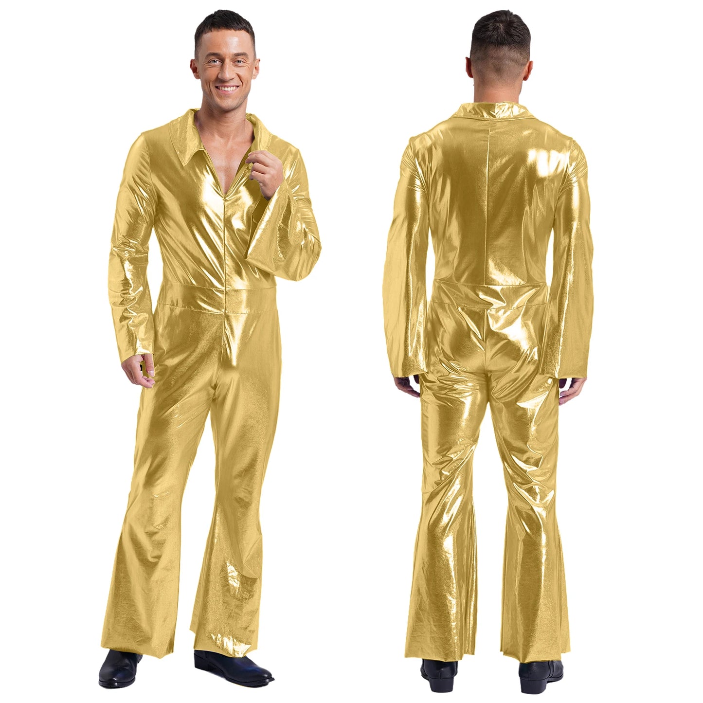 Mens 70s Disco Hippies Jazz Dance Performance Costume Metallic Shiny Unitards Jumpsuit Wide Leg Pants Rompers Vintage Clubwear