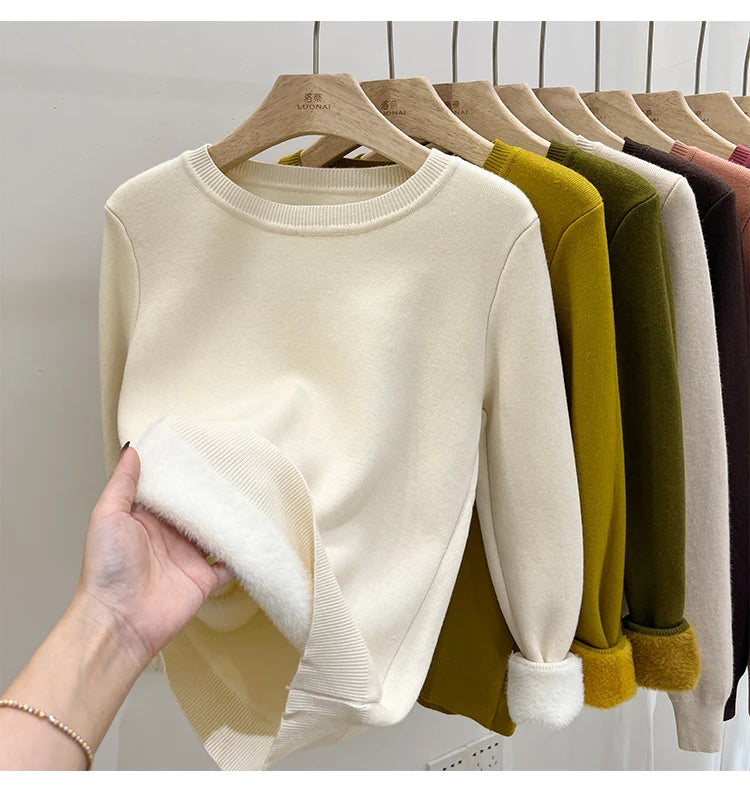 Women's O-neck Velvet Thicken Sweaters Winter Slim Warm Long Sleeve Knitted Tops Casual Plush Fleece Lined Soft Pullovers Ladies