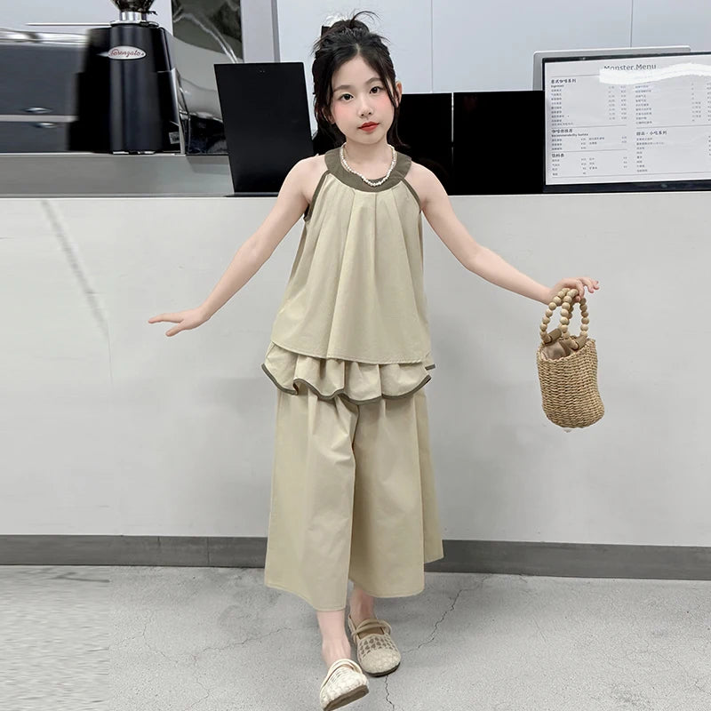 Girls Summer Casual Loose Skirt Pants Set Two Piece Outfit Big Kids Fashion Children's Clothing Set Comfortable