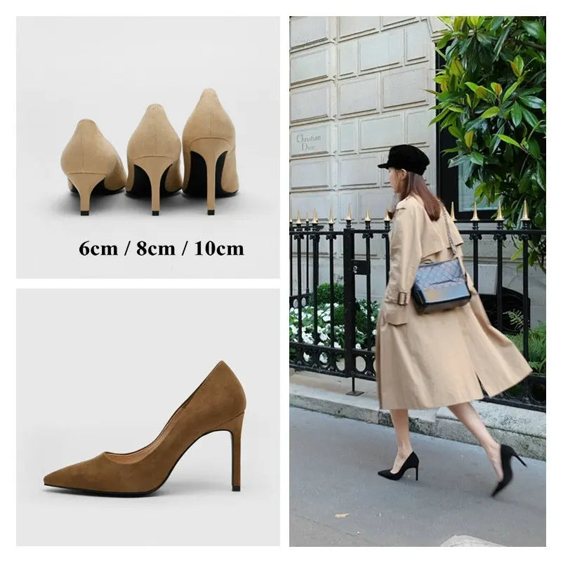 2025 Flock Leather Heels Women Pumps Bucket Pointed Toe High Heels Sexy Lady Shoes Thin Heels Chaussure Femme Autumn