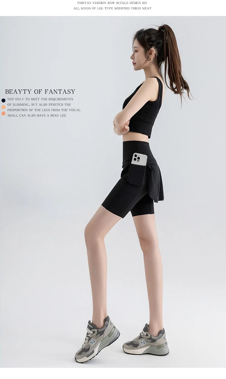 Fake Two Short Skirt Pants with Summer Pockets Crotch Half Skirt for Women High Waisted Oversized Quick Drying Sports Yoga Pants