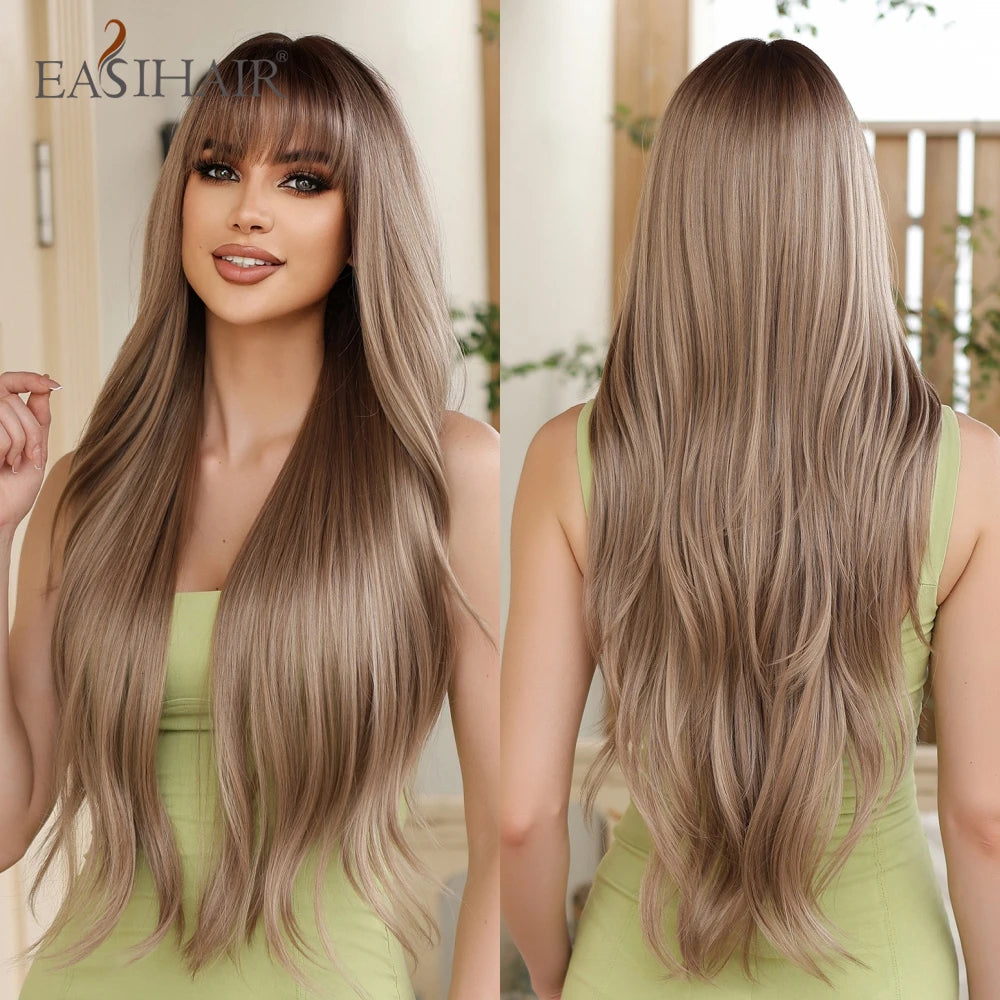 EASIHAIR Dark Brown Long Curly Synthetic Wig with Bangs Brown Women's Wigs for Cosplay Daily Use Heat Resistant Natural Hair