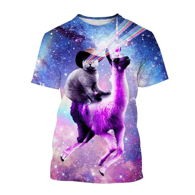 Summer 3D Printed Space Funny Cat T-shirt Men Women Cool Animal Top Tees Street Plus Size Short Sleeves T Shirt Kids Clothes