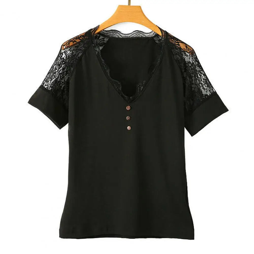 Women V Neck Lace Summer Short Sleeve Tee Top Slim Fit Pullover Blouse