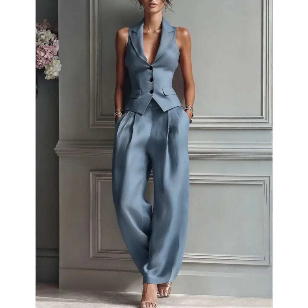 Summer New Fashion Single-breasted Sleeveless Top + Trousers 2-piece Set Women's 2026 Slim Vest Suit Collar Trousers Office Suit