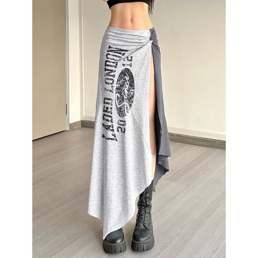 Pencil Skirt Women's American Style Retro Printed Two-tone Slit Asymmetrical Trendy New Comfortable Minimalist Fashionable Niche