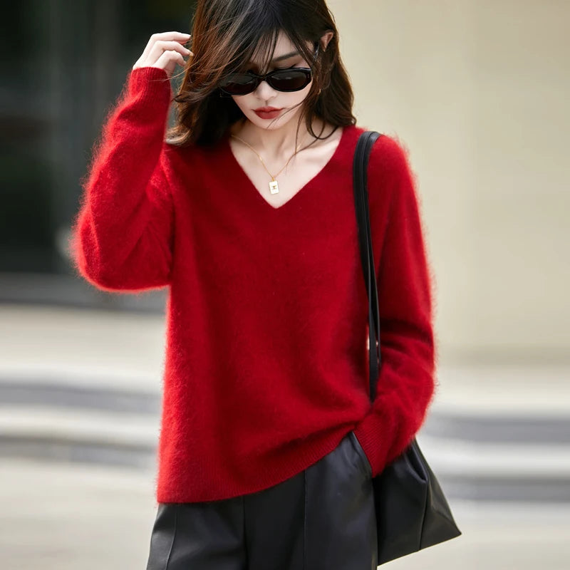 WinvyNee Women Tops Brushed Cashmere Wool Sweaters Winter V Neck Pink Warm Causal Knitted Tops Pullovers Solid Jumpers A1713002A
