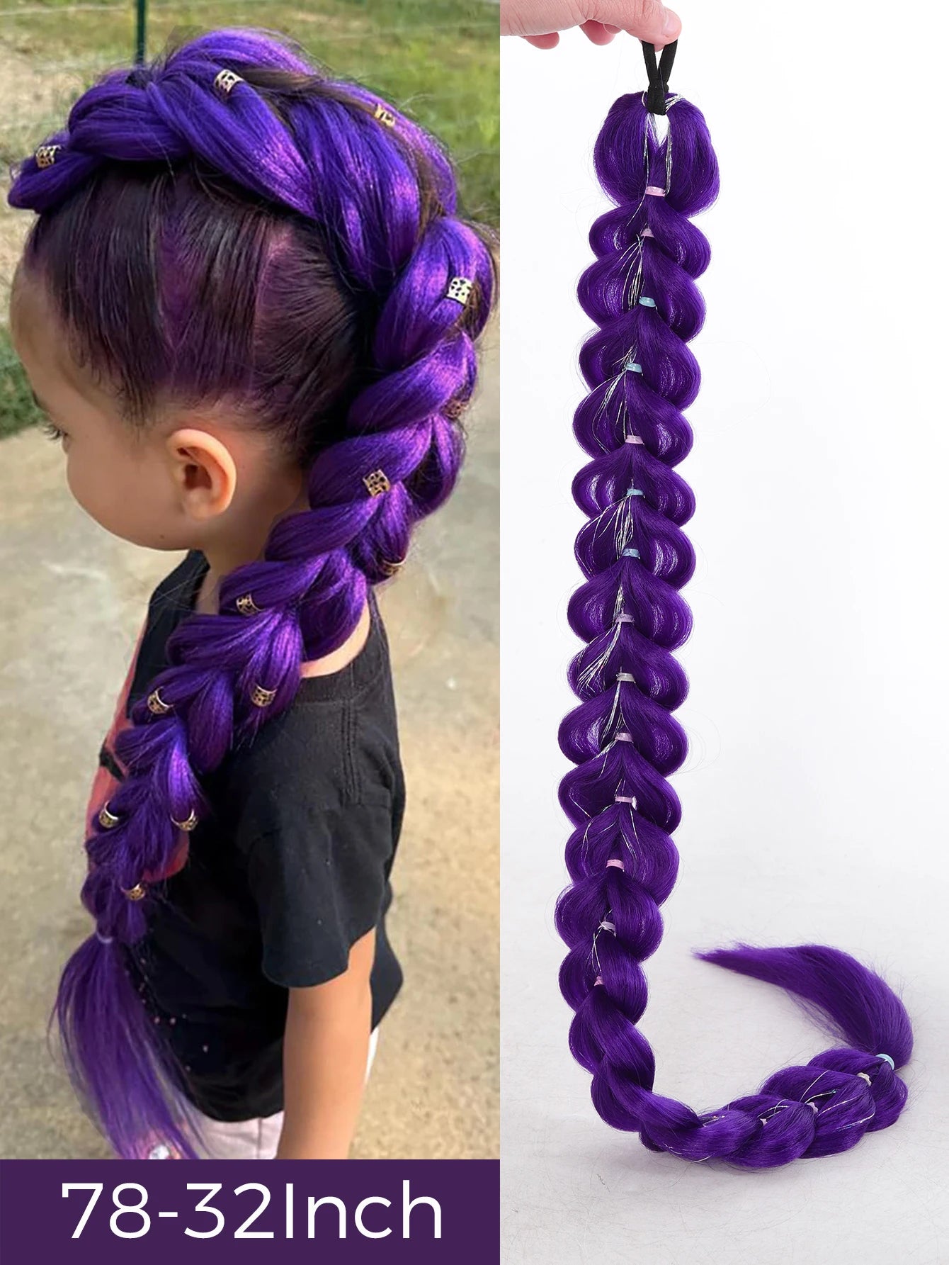 Synthetic 26inch Long Ponytail with Clips Braided Purple Hair Ponytail Rumi Costume Hairstyle for Kids Girls Halloween Christmas
