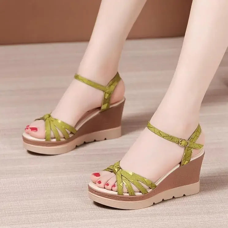 Hot Sale Thick Sole Leather Casual Platform Sandals Women Summer 2026 High Heels Wedges Shoes for Office Beach Mother
