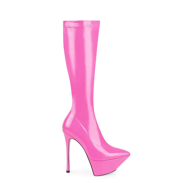 New Women Knee High Boots Patent Leather Pointed 15cm High Heels Winter Short Plush Waterproof Platform Girl Boots Large 34-45