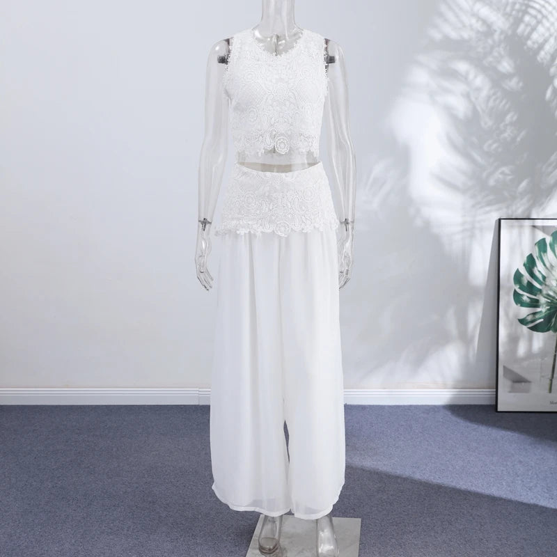 Casual Lace Tops Pants Sets Women O Neck Sleeveless High Waist Wide Legs Outfits Female 2026 Summer Beach Vacation Solid Suits