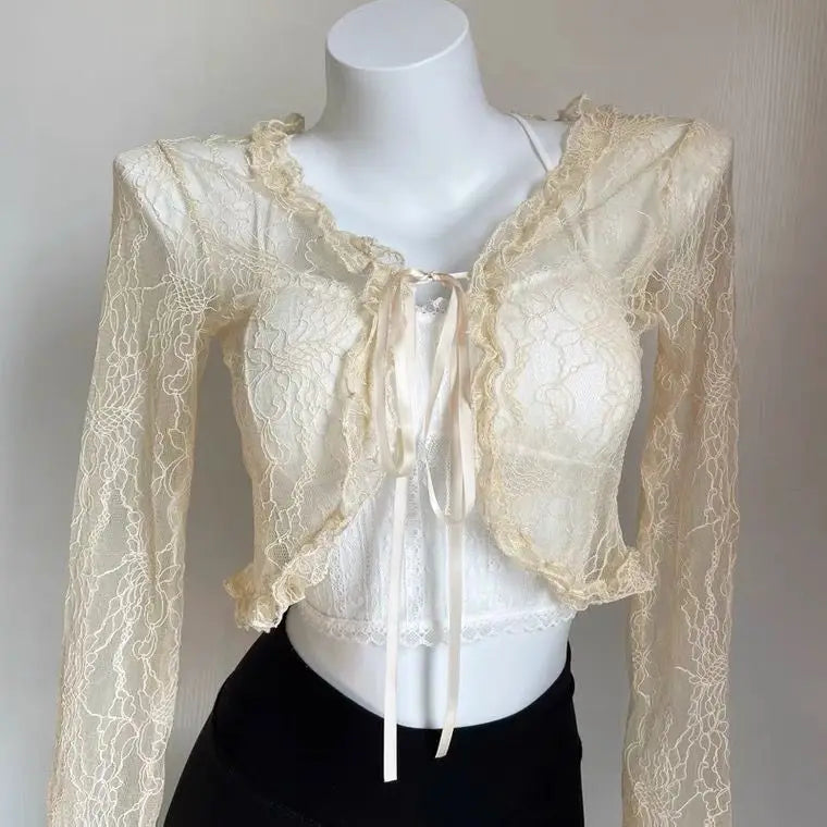 Shirts Women Lace New Summer Sunscreen French Style Cropped Designed Sweet Gentle Elegant Office Lady Sexy Popular Chic Vintage