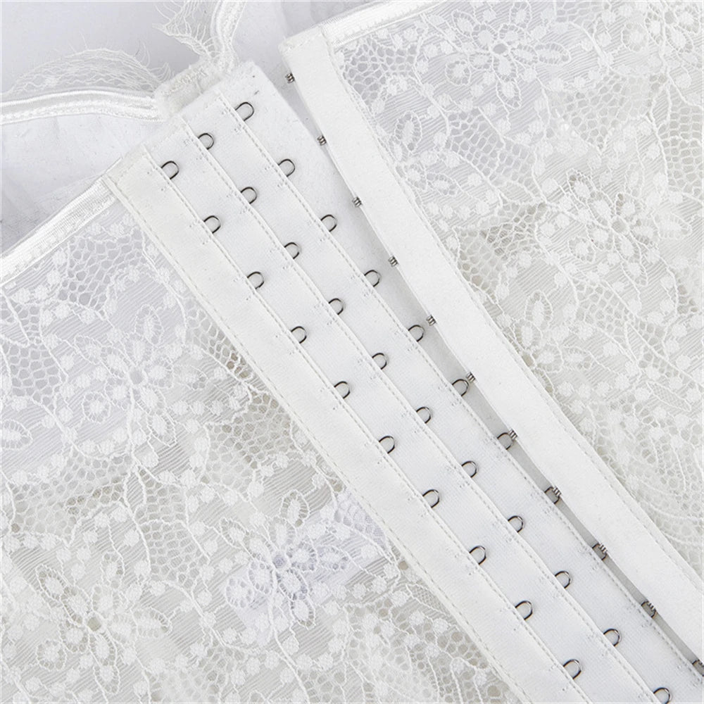 Women Corset Lace Fish Bone Bustier Vest Sexy Mesh Breathable Crop Top White Spaghetti Strap Lace Bra Burlesque Lingerie